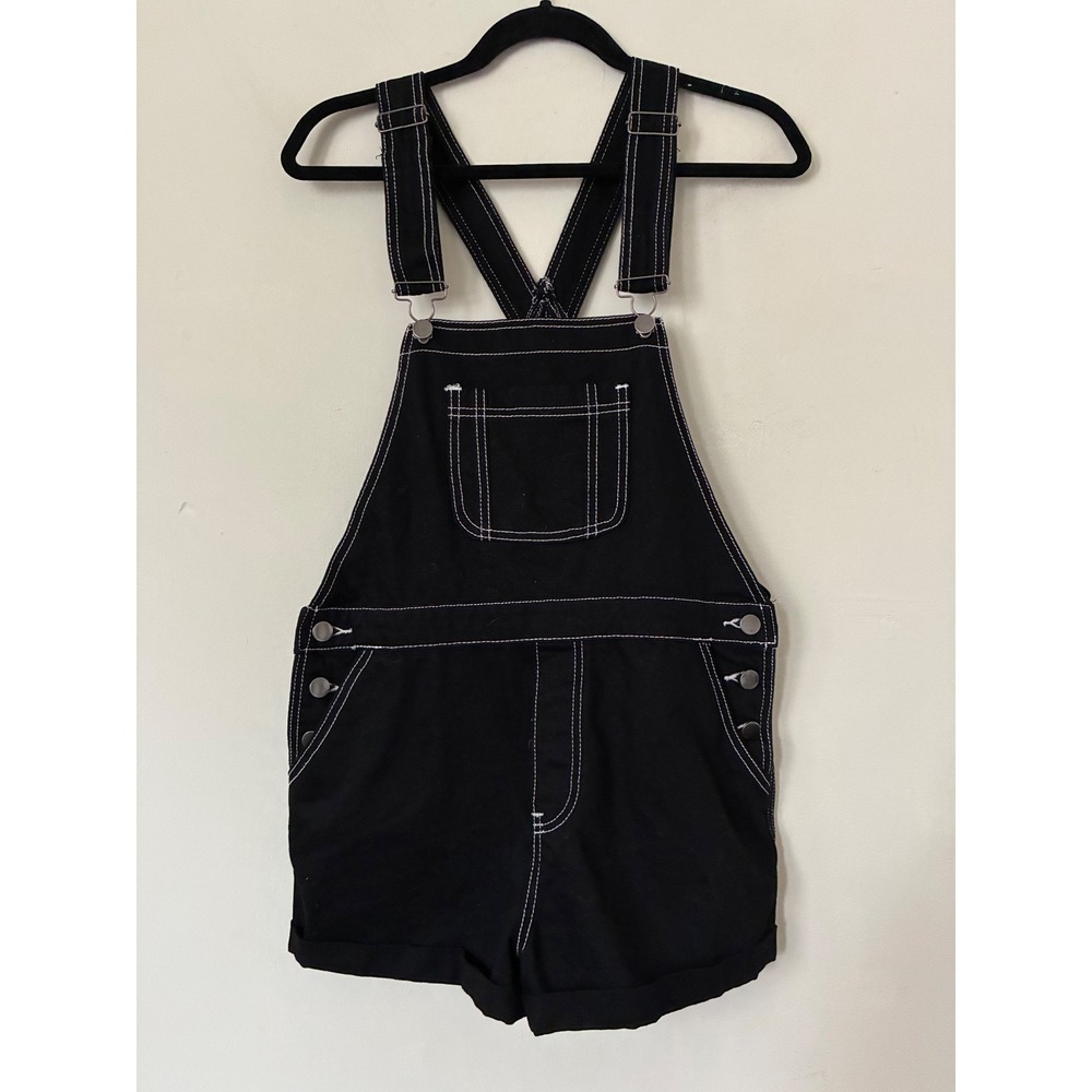 Grunge Boho Black Denim Overall Shorts White Contrast Stitch Women Size 28 F21